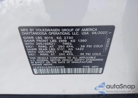2022 Volkswagen Atlas 3.6L V6 Sel Premium R-Line from USA, damaged, VIN 1V2FR2CA3NC540365